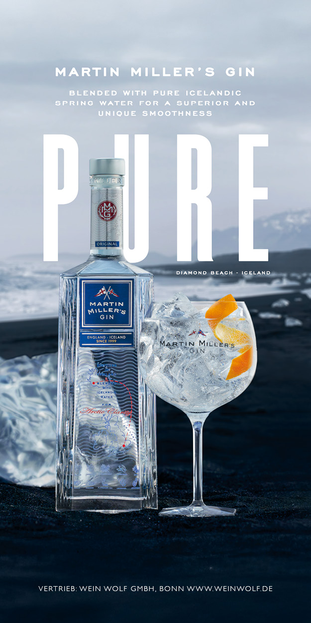 Martin Miller's Gin das Foto, eine Werbeanzeige, zeigt eine Flasche Martin Miller's Gin nebst Glas auf einem Strand vor Island. Im Hintergrund befindet sich Text