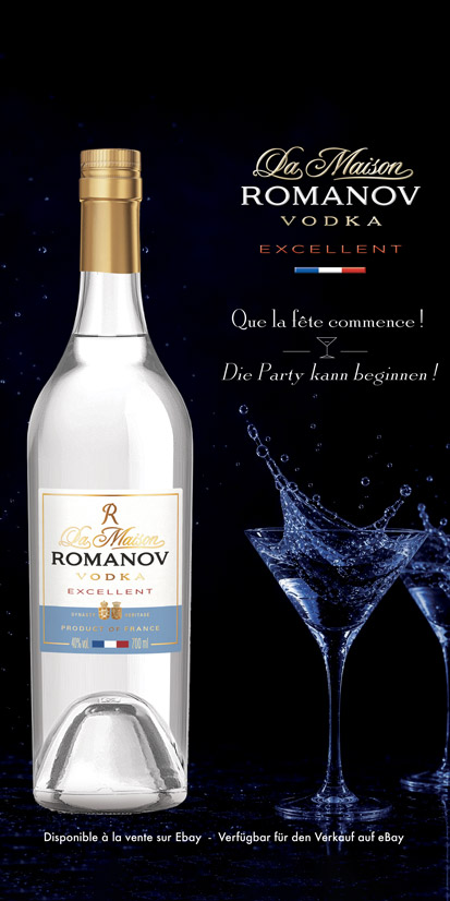 Romanov Vodka das Foto, eine Werbeanzeige, zeigt eine Flasche Romanov Vodka nebst Gläsern vor blauem bis schwarzem Grund